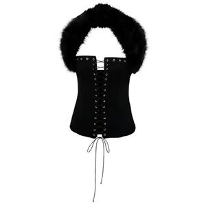 Black Lace-Up Corset with Faux Fur Trim